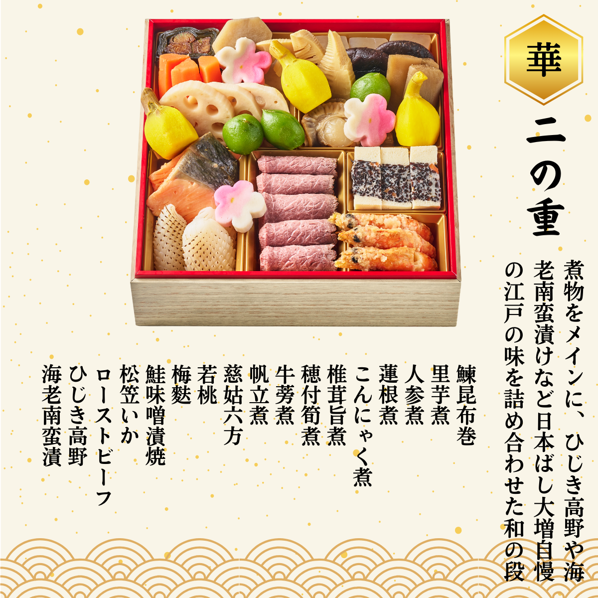 ◆二の重◆ 鰊昆布巻、里芋煮、人参煮、蓮根煮、こんにゃく煮、椎茸旨煮、穂付筍煮、牛蒡煮、帆立煮、 慈姑六方、若桃、梅麩、鮭味噌漬焼、松笠いか、ローストビーフ、ひじき高野、海老南蛮漬