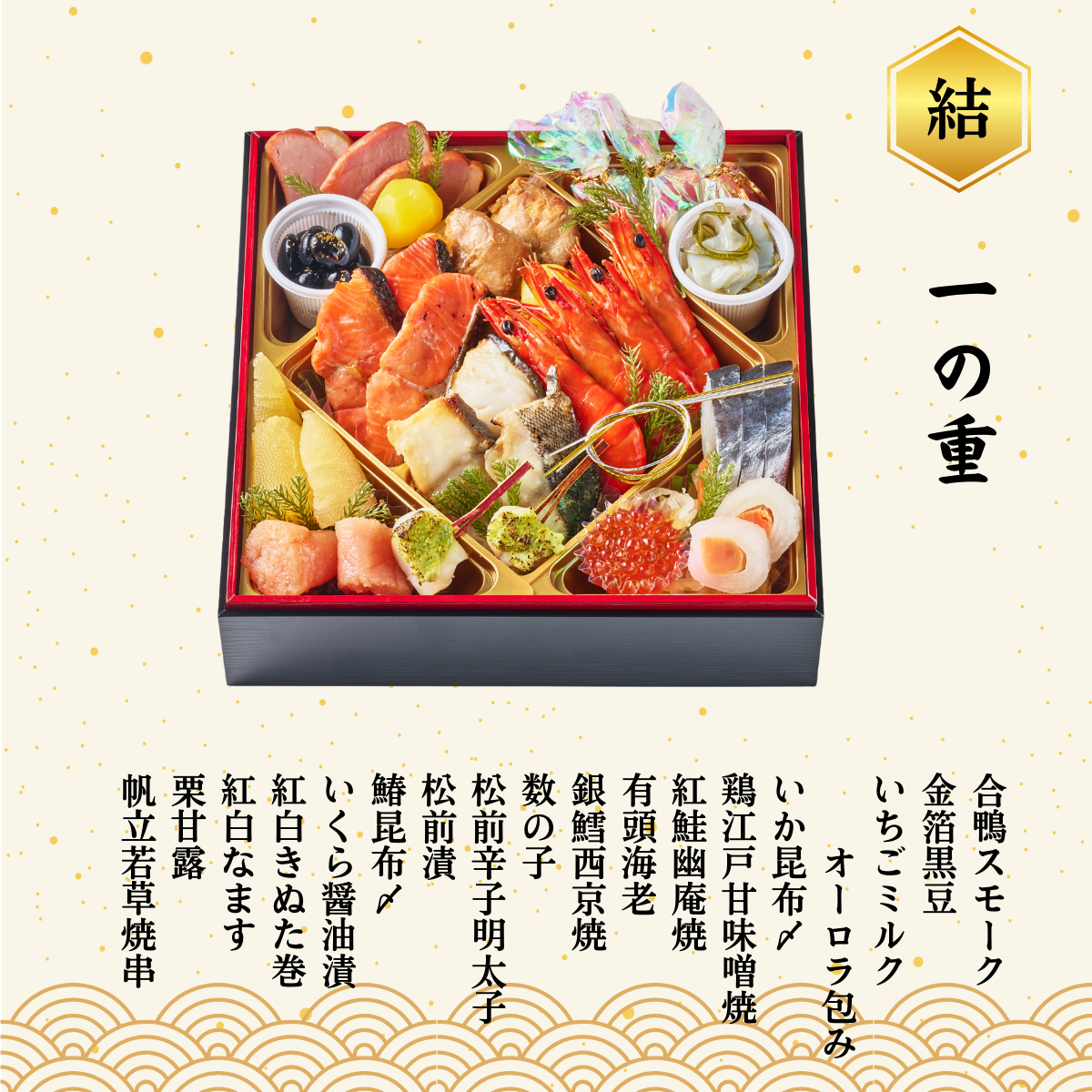 一の重　おしながき　合鴨スモーク、金箔黒豆、いちごミルクオーロラ包み、いか昆布〆、鶏江戸甘味噌焼、紅鮭幽庵焼、有頭海老、銀鱈西京焼、数の子、松前辛子明太子、松前漬、鰆昆布〆、いくら醤油漬、紅白きぬた巻、紅白なます、栗甘露、帆立若草焼串