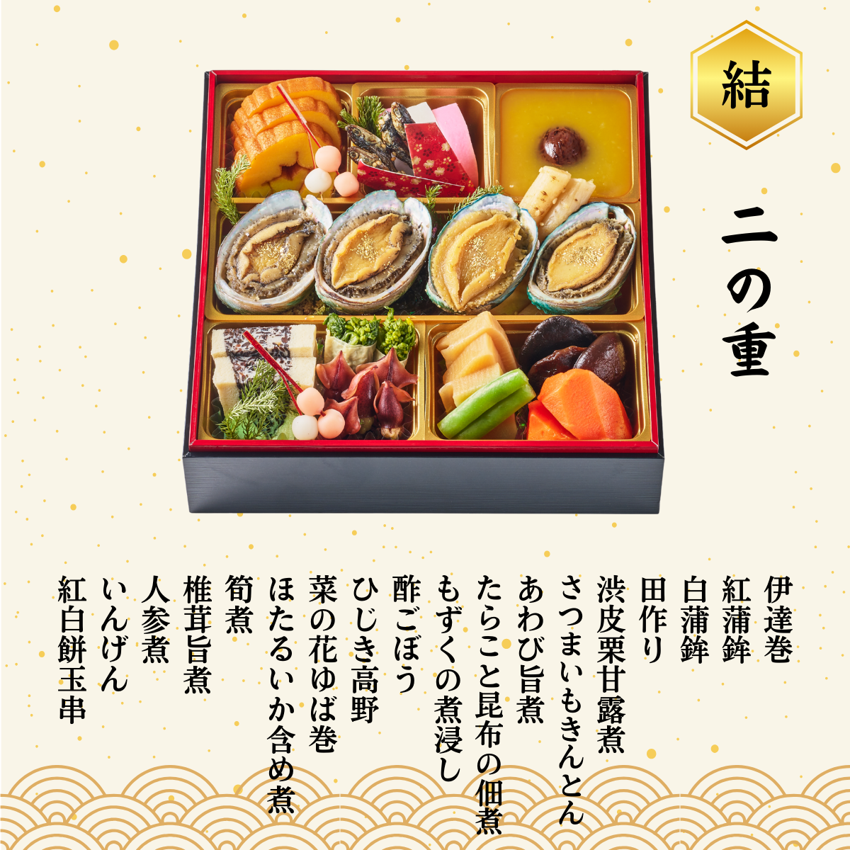 二の重　おしながき　伊達巻、紅蒲鉾、白蒲鉾、田作り、渋皮栗甘露煮、さつまいもきんとん、あわび旨煮、たらこと昆布の佃煮、もずくの煮浸し、酢ごぼう、ひじき高野、菜の花ゆば巻、ほたるいか含め煮、筍煮、椎茸旨煮、人参煮、いんげん、紅白餅玉串